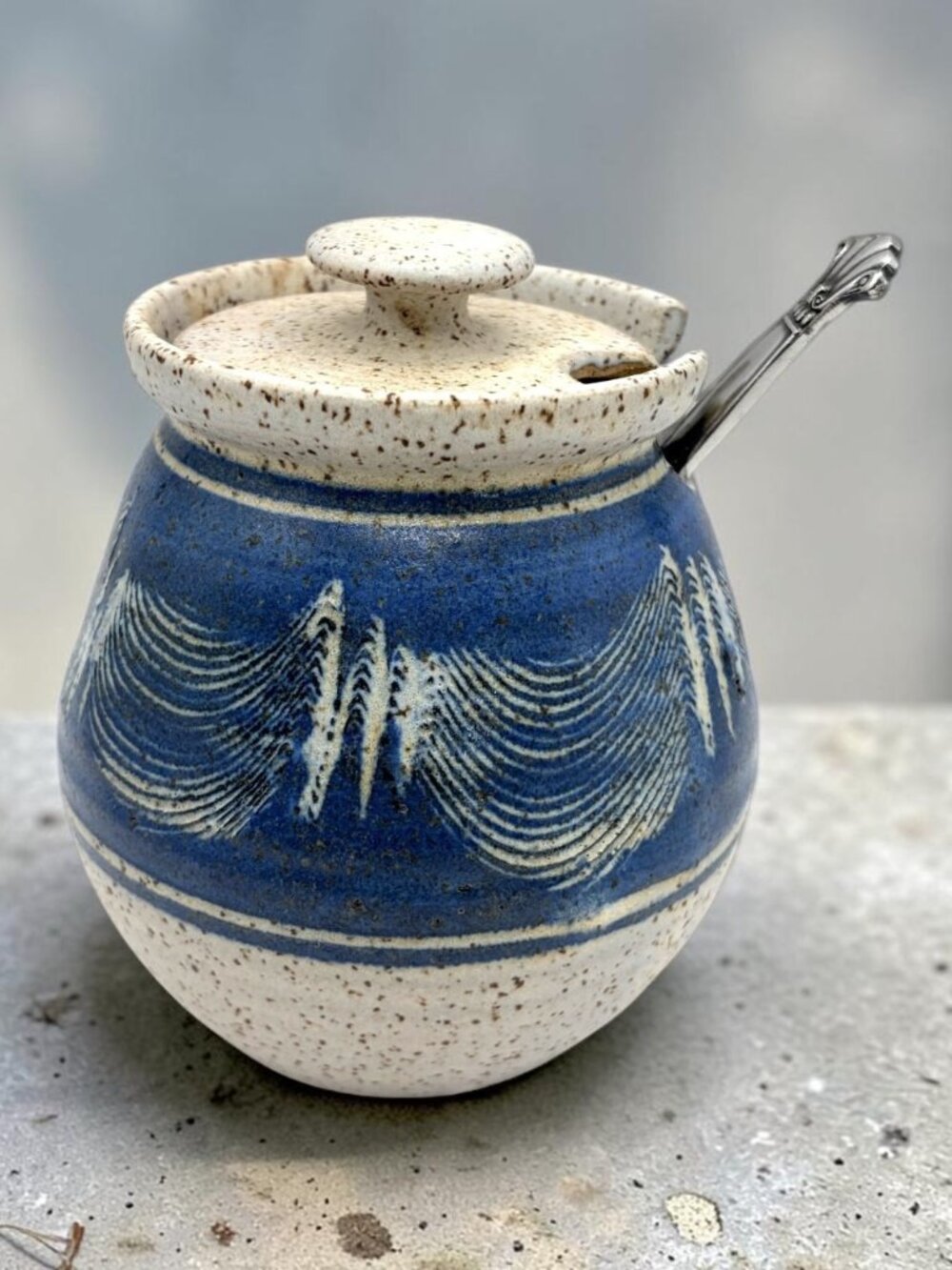 Signed Studio Pottery Blue Cream Lidded Sugar Jam Jar with Spoon 5.25"